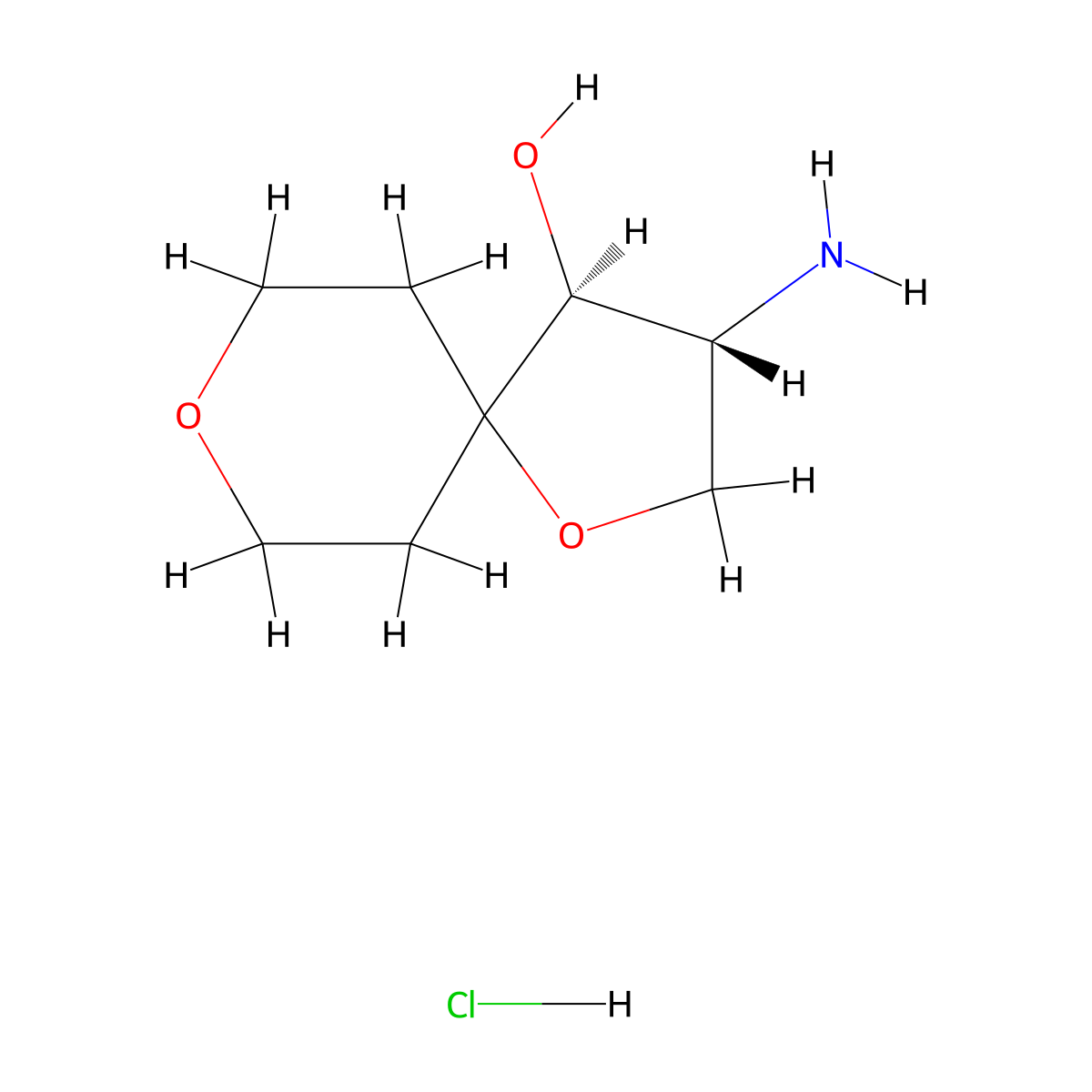 rac-(3R,4S)-3-amino-1,8-dioxaspiro[4.5]decan-4-ol hydrochloride, trans molecular structure, CAS 2490322-83-1