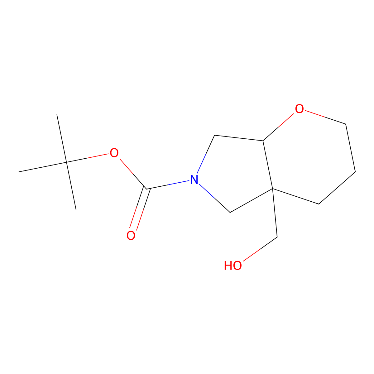 rac-tert-butyl(4aR,7aR)-4a-(hydroxymethyl)-octahydropyrano[2,3-c]pyrrole-6-carboxylate,cis molecular structure, CAS 2490322-85-3
