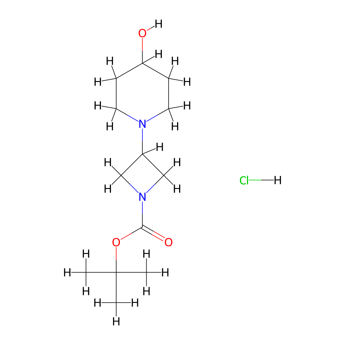 Tert-butyl 3-(4-hydroxypiperidin-1-yl)azetidine-1-carboxylate hydrochloride molecular structure, CAS 2490400-45-6