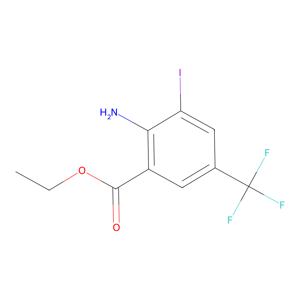 Ethyl 2-amino-3-iodo-5-(trifluoromethyl)benzoate molecular structure, CAS 2490401-56-2