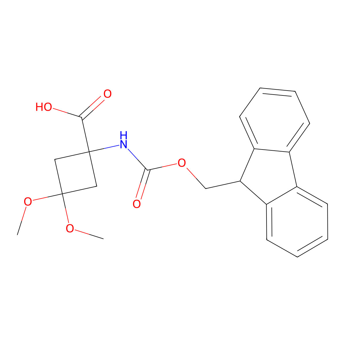 1-(9H-Fluoren-9-ylmethoxycarbonylamino)-3,3-dimethoxy-cyclobutanecarboxylic acid molecular structure, CAS 2490405-94-0