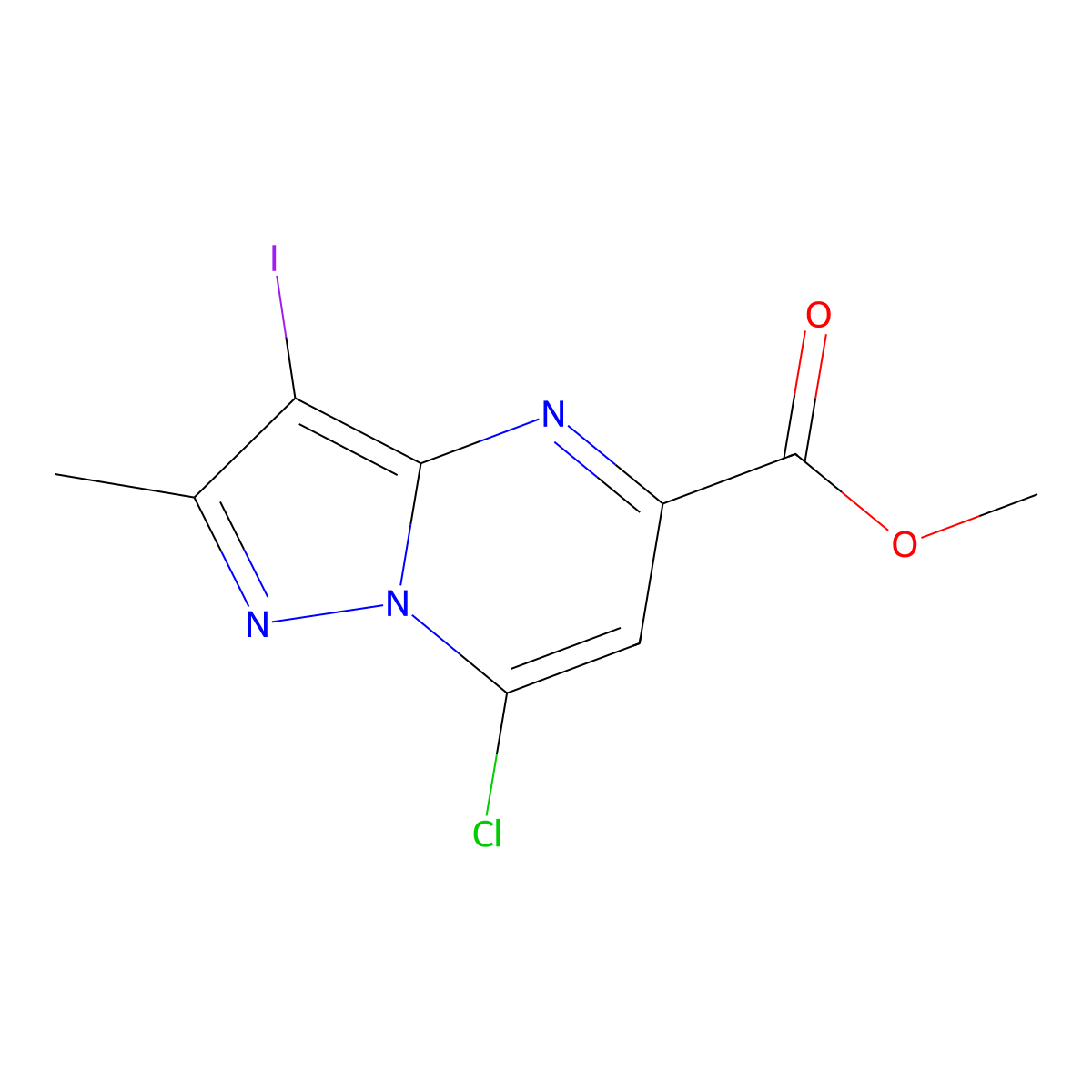 Methyl 7-chloro-3-iodo-2-methylpyrazolo[1,5-a]pyrimidine-5-carboxylate molecular structure, CAS 2490405-99-5