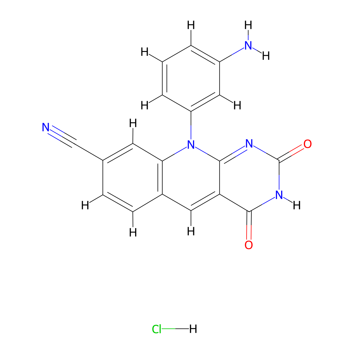 10-(3-Aminophenyl)-2,4-dioxopyrimido[4,5-b]quinoline-8-carbonitrile;hydrochloride molecular structure, CAS 2490418-78-3
