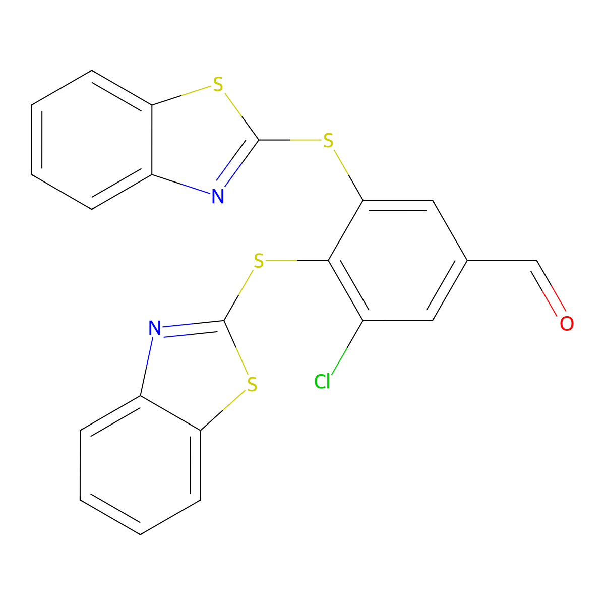 3,4-Bis(1,3-benzothiazol-2-ylsulfanyl)-5-chlorobenzaldehyde molecular structure, CAS 2490420-66-9