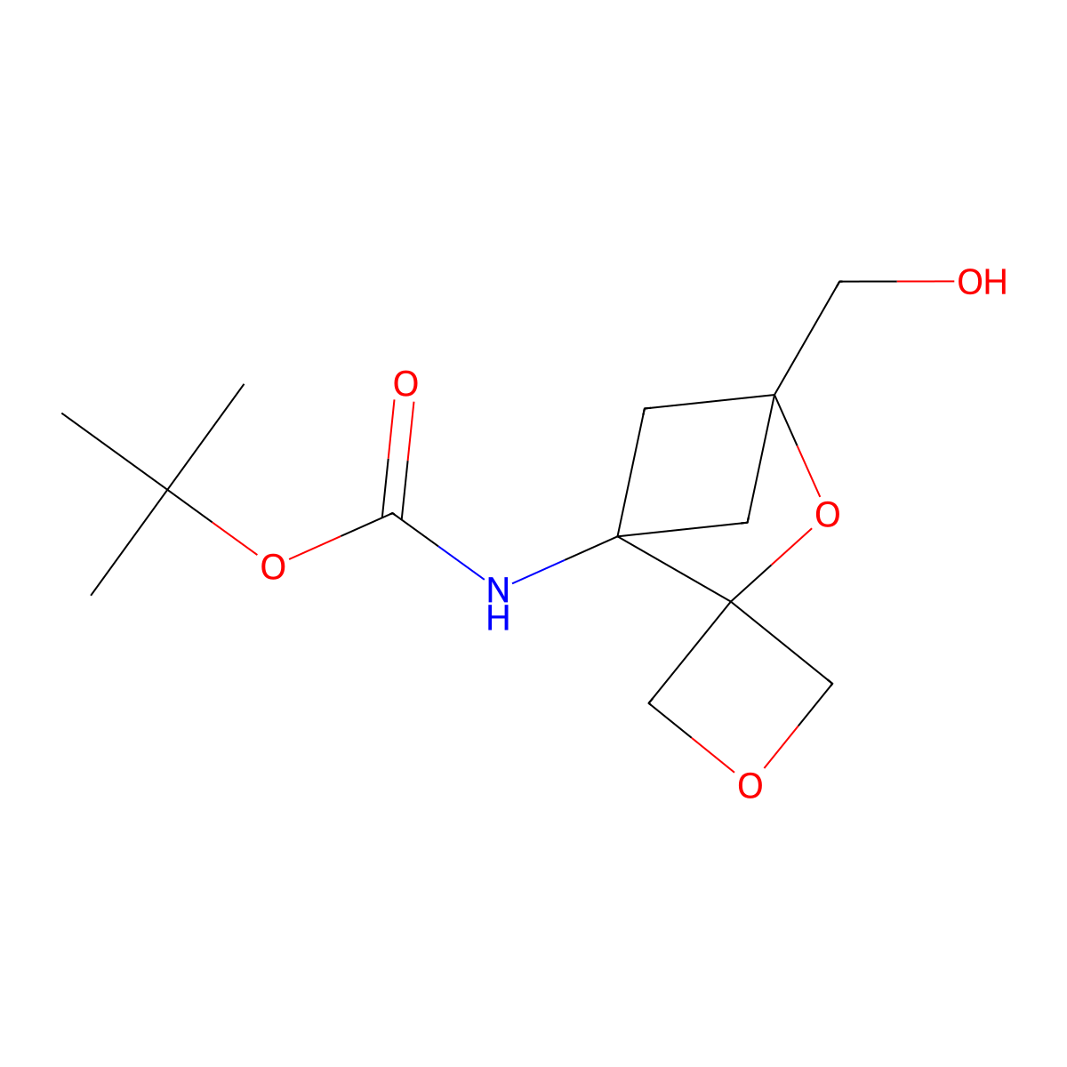 tert-butyl N-[4-(hydroxymethyl)-3-oxaspiro[bicyclo[2.1.1]hexane-2,3'-oxetane]-1-yl]carbamate molecular structure, CAS 2490420-73-8