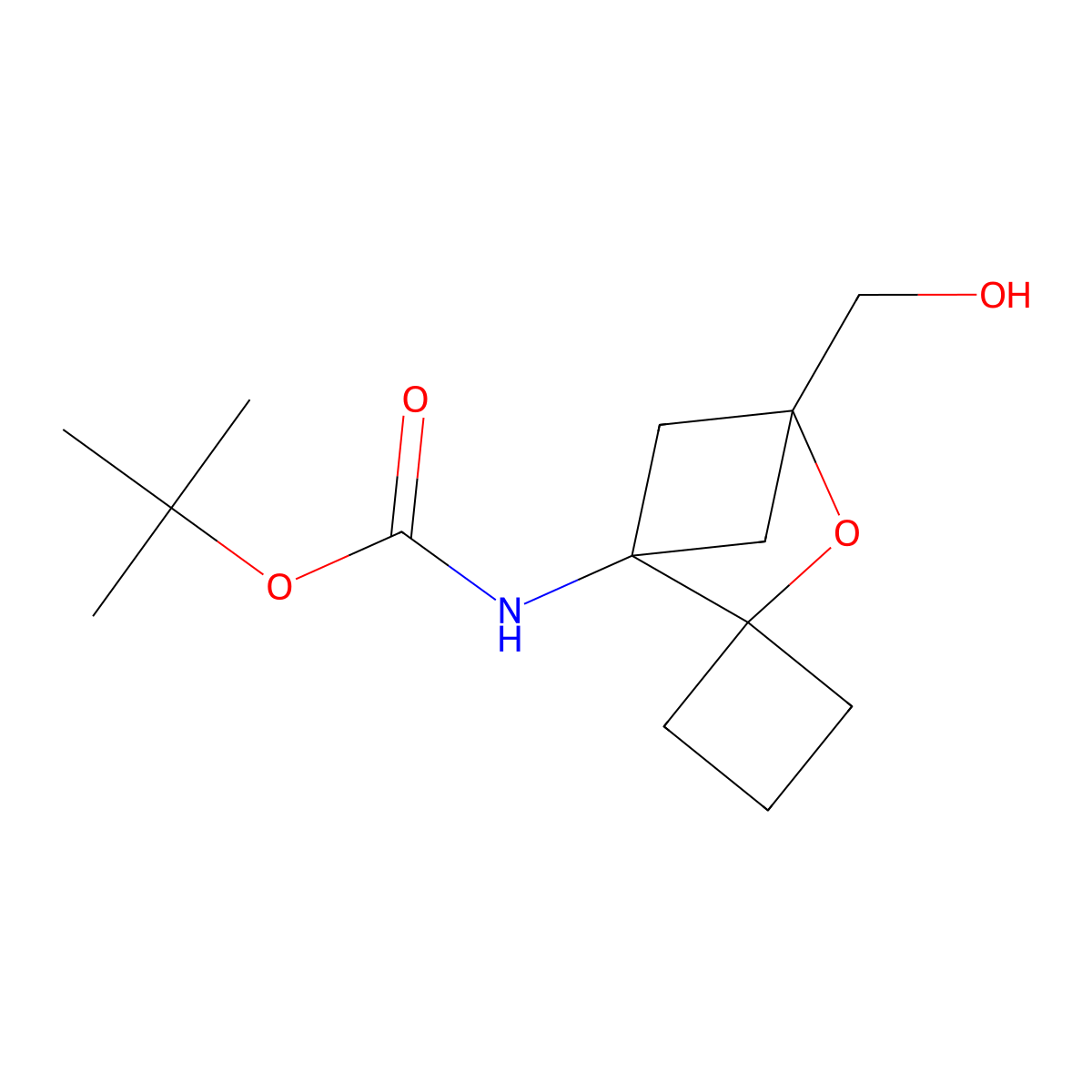 tert-butyl N-[4-(hydroxymethyl)-3-oxaspiro[bicyclo[2.1.1]hexane-2,1'-cyclobutane]-1-yl]carbamate molecular structure, CAS 2490420-80-7