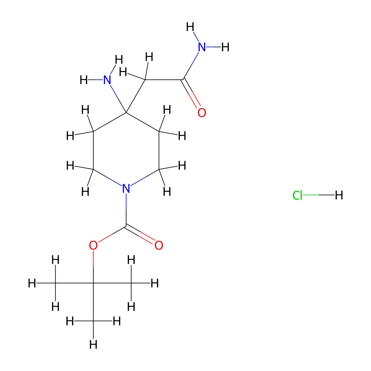 Tert-butyl 4-amino-4-(carbamoylmethyl)piperidine-1-carboxylate hydrochloride molecular structure, CAS 2490426-27-0