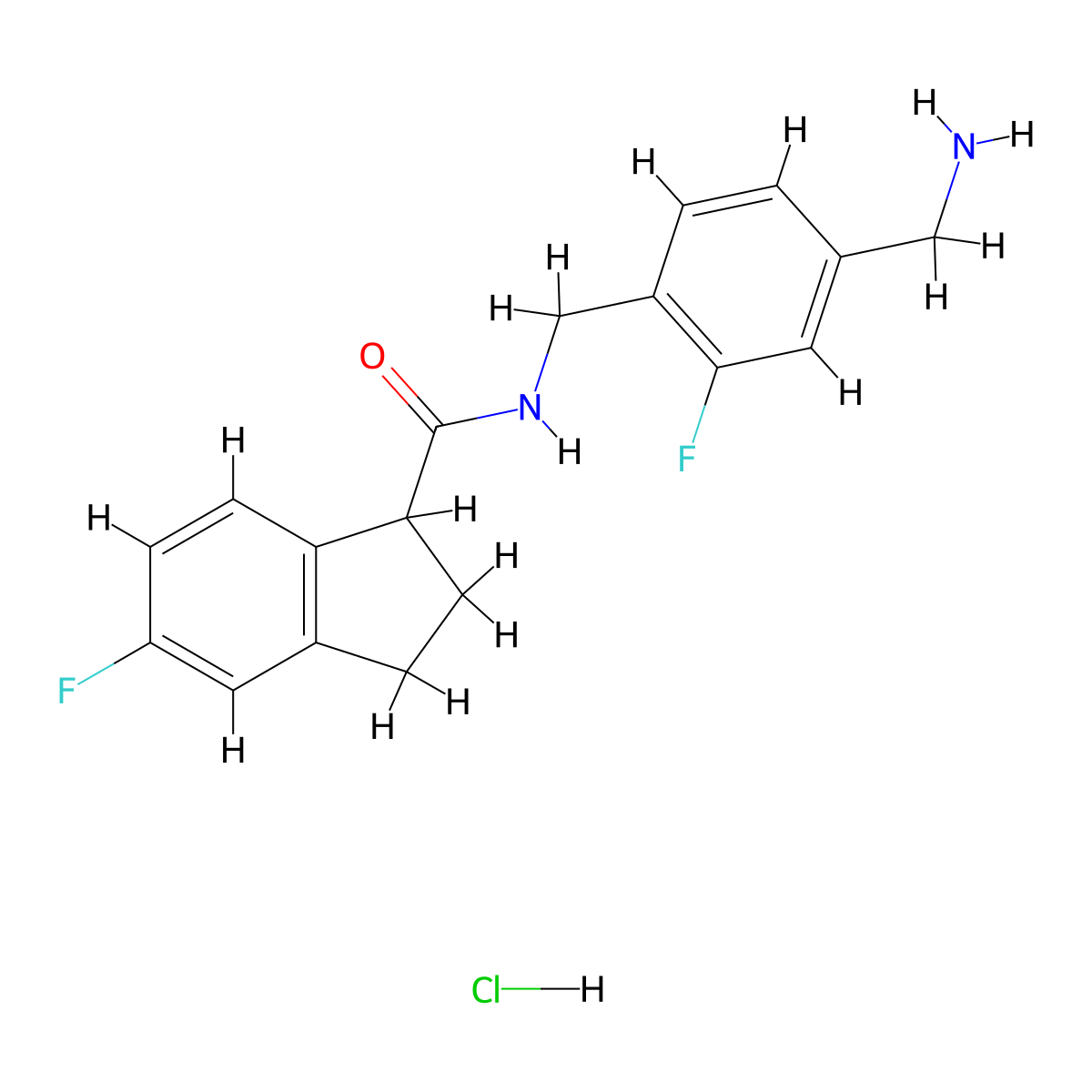 N-{[4-(aminomethyl)-2-fluorophenyl]methyl}-5-fluoro-2,3-dihydro-1H-indene-1-carboxamide hydrochloride molecular structure, CAS 2490426-35-0