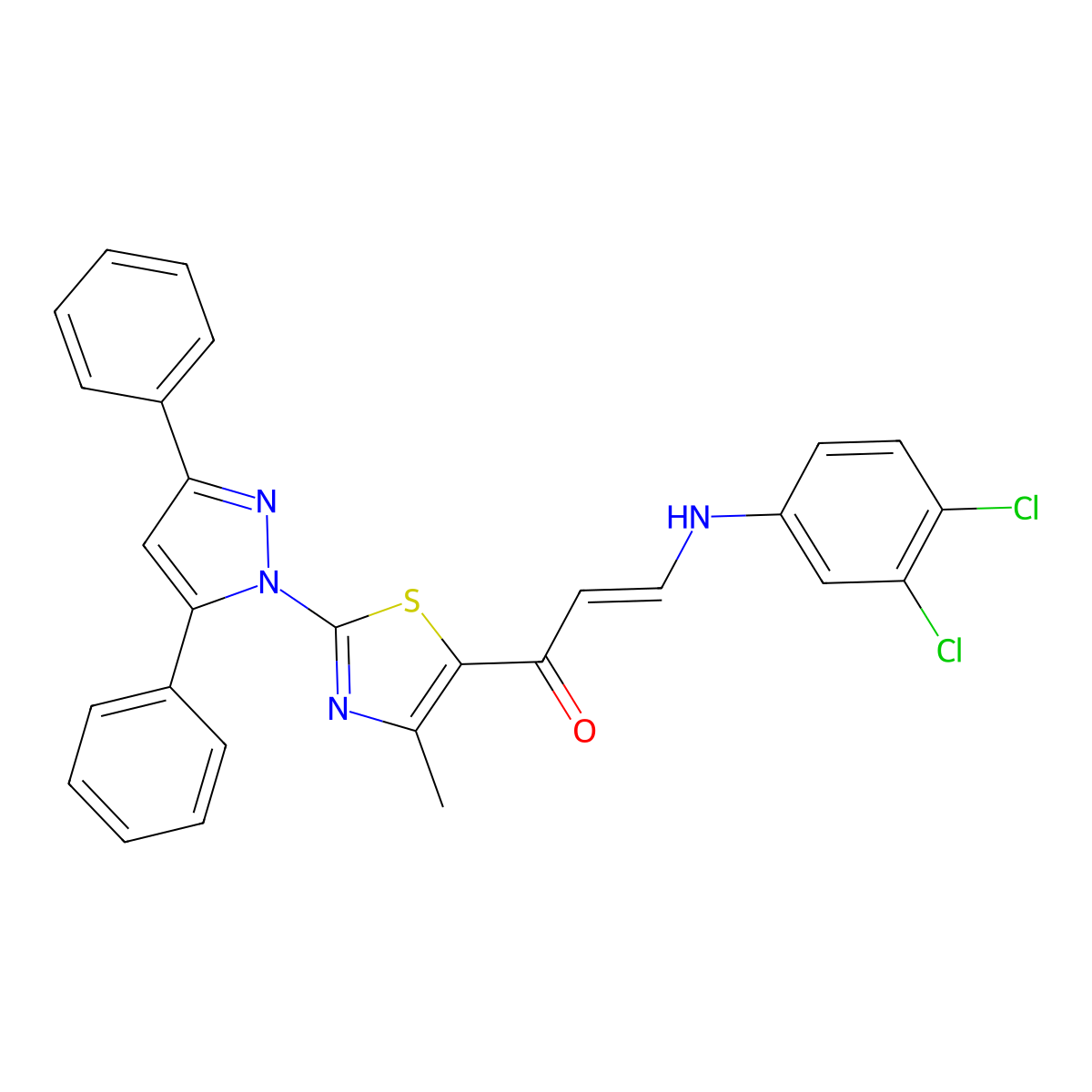 (2E)-3-[(3,4-dichlorophenyl)amino]-1-[2-(3,5-diphenyl-1H-pyrazol-1-yl)-4-methyl-1,3-thiazol-5-yl]prop-2-en-1-one molecular structure, CAS 2490442-03-8