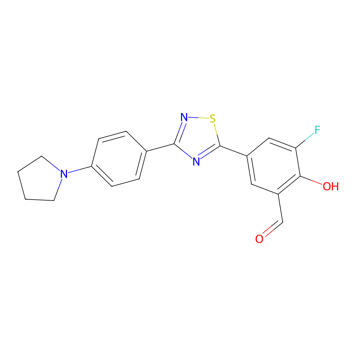 3-Fluoro-2-hydroxy-5-(3-(4-(pyrrolidin-1-YL)phenyl)-1,2,4-thiadiazol-5-YL)benzaldehyde molecular structure, CAS 2490493-11-1