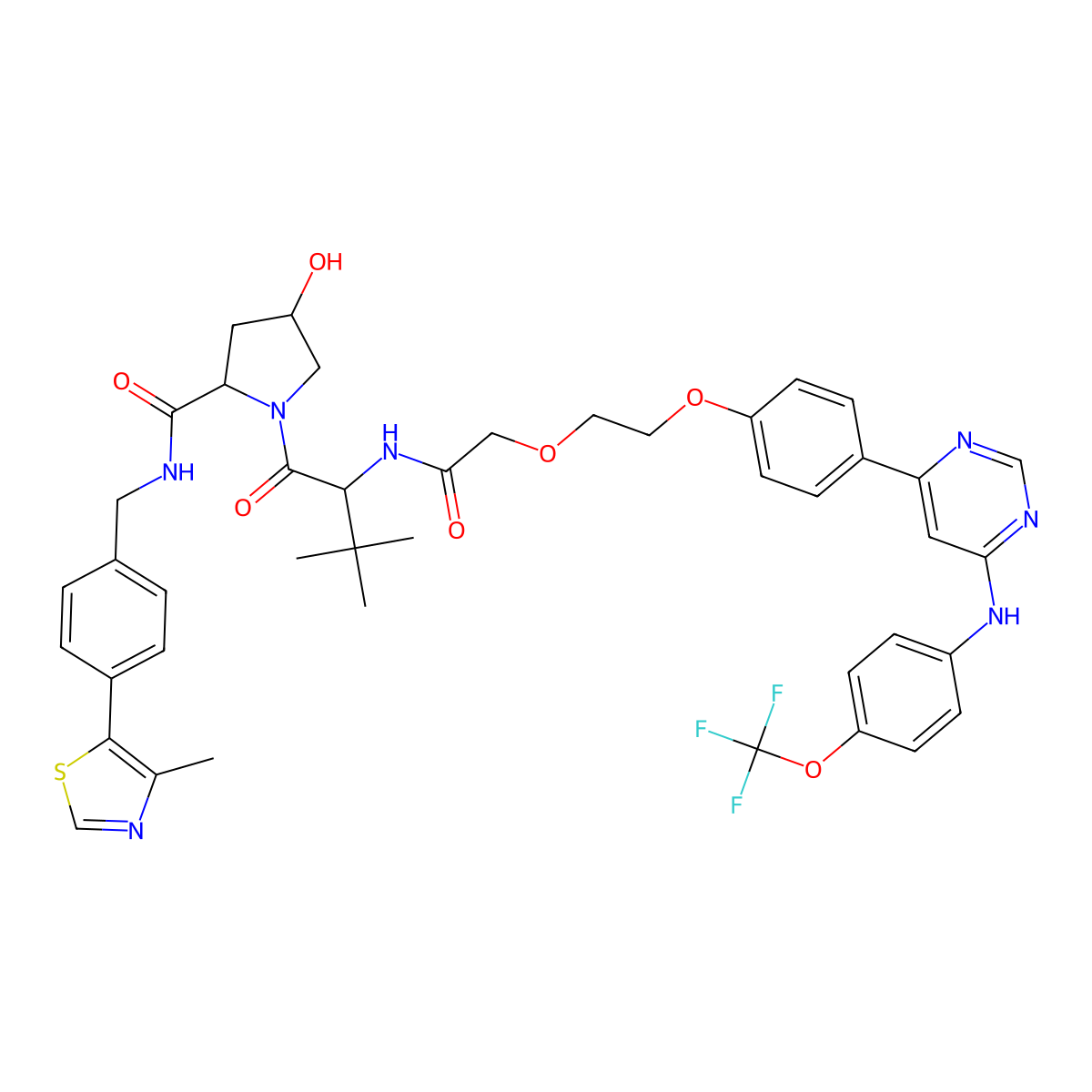 (2S,4R)-1-((S)-3,3-dimethyl-2-(2-(2-(4-(6-((4-(trifluoromethoxy)phenyl)amino)pyrimidin-4-yl)phenoxy)ethoxy)acetamido)butanoyl)-4-hydroxy-N-(4-(4-methylthiazol-5-yl)benzyl)pyrrolidine-2-carboxamide molecular structure, CAS 2490599-18-1