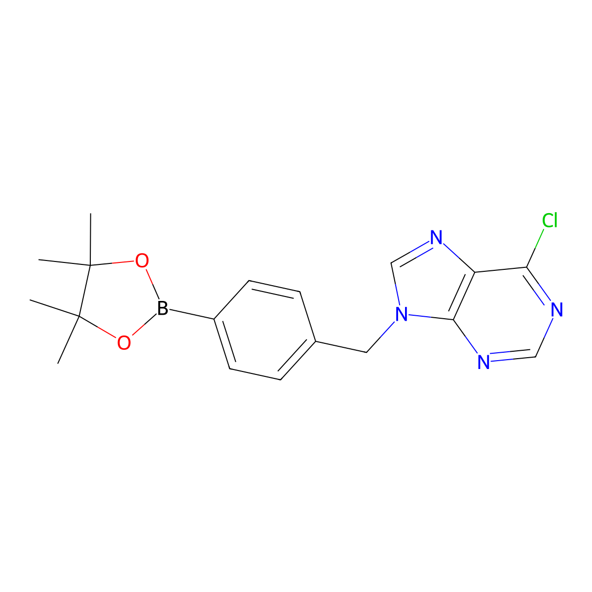 (4-((6-Chloro-9H-purin-9-yl)methyl)phenyl)boronic acid pinacol ester molecular structure, CAS 2490665-85-3