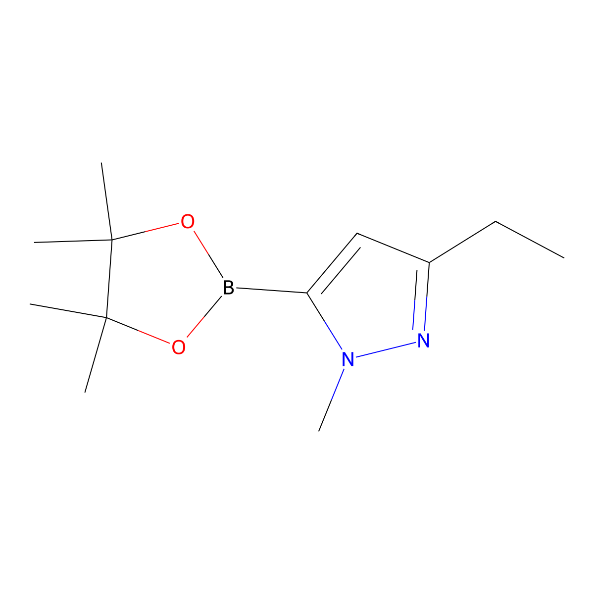 3-Ethyl-1-methyl-5-(4,4,5,5-tetramethyl-1,3,2-dioxaborolan-2-yl)-1H-pyrazole molecular structure, CAS 2490680-41-4