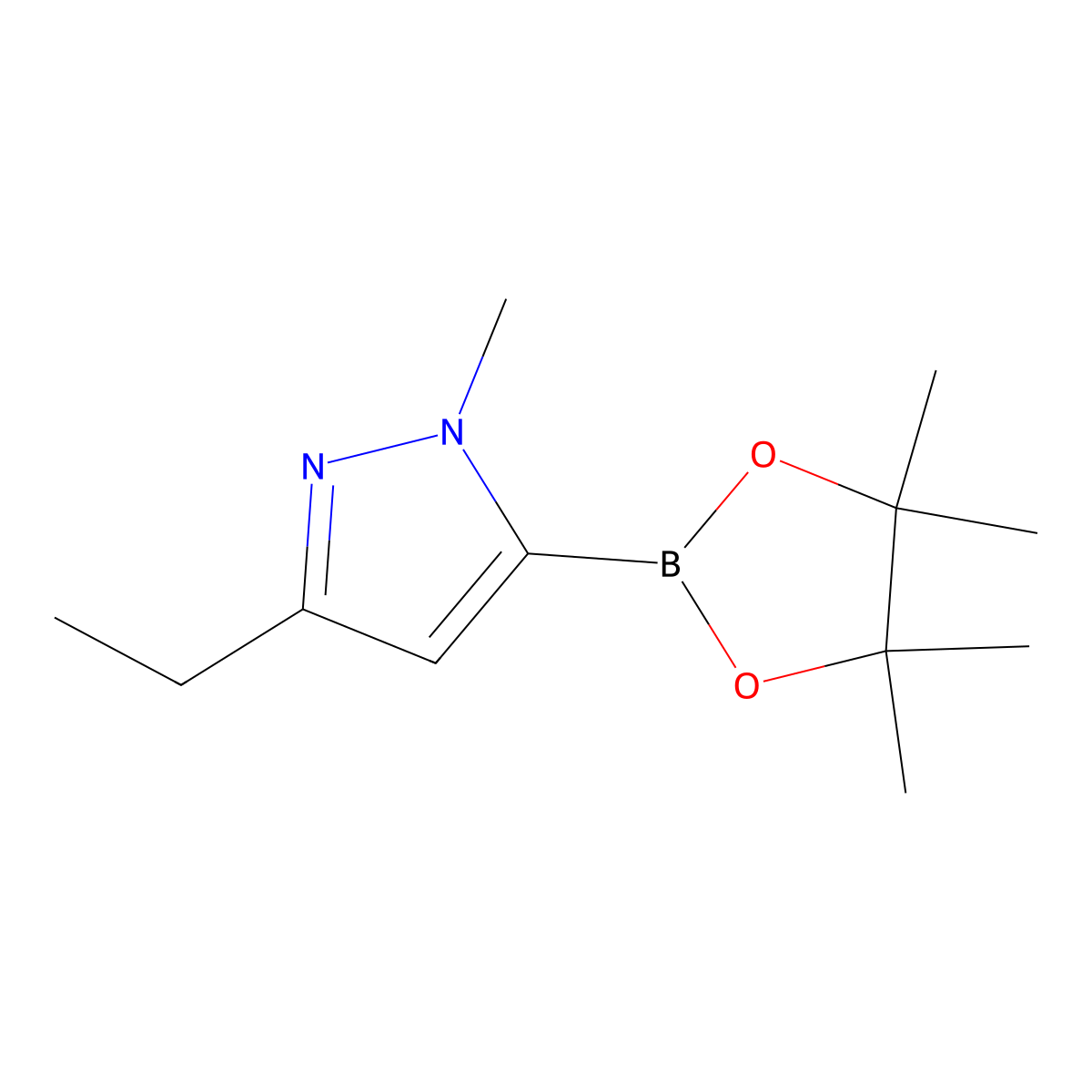 3-Ethyl-1-methyl-5-(4,4,5,5-tetramethyl-1,3,2-dioxaborolan-2-yl)-1H-pyrazole molecular structure, CAS 2490680-41-4