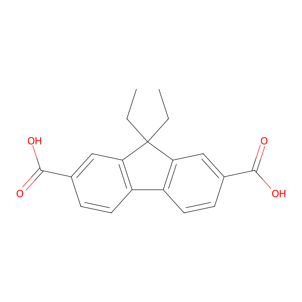 9,9-Diethyl-9H-fluorene-2,7-dicarboxylic acid molecular structure, CAS 249296-22-8