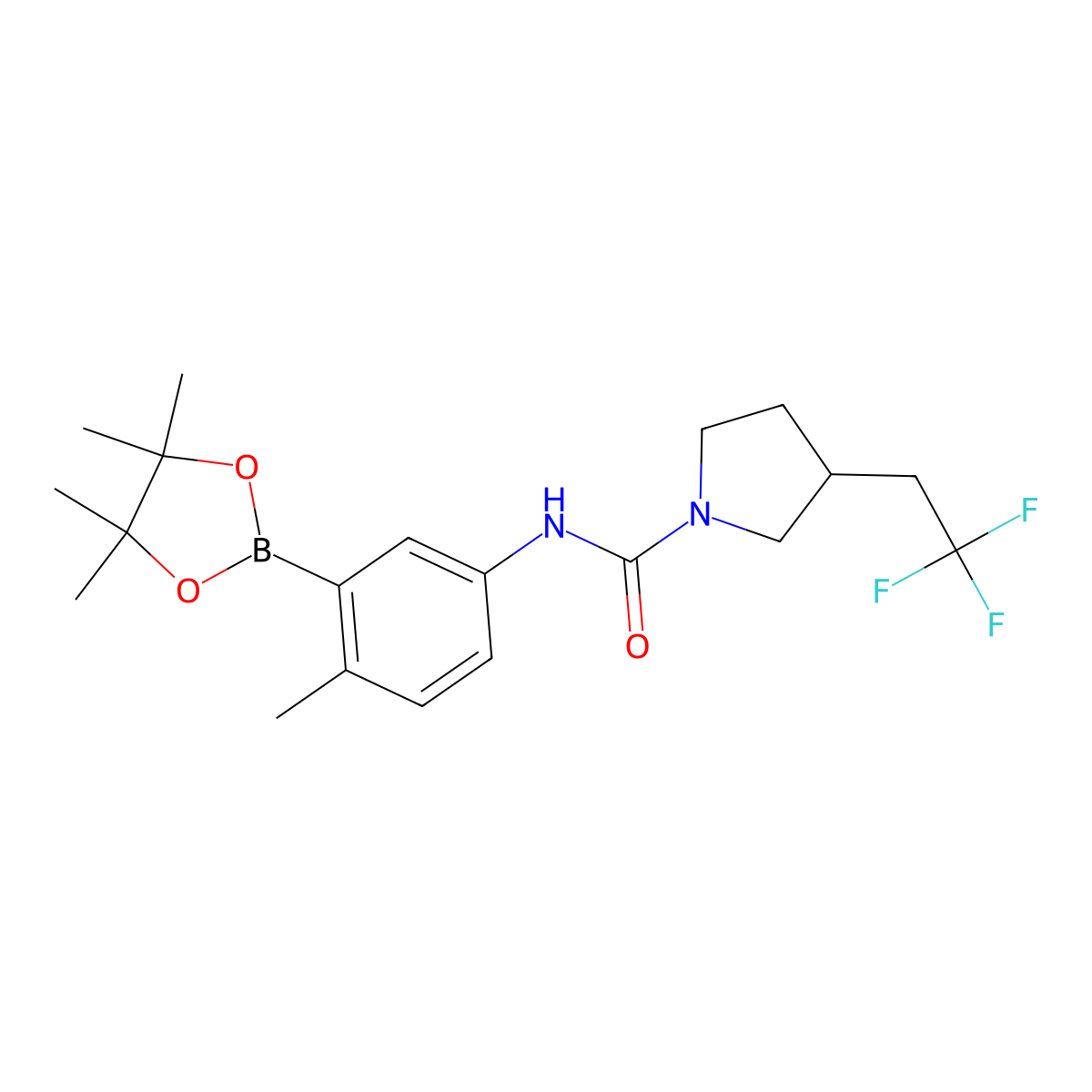 (S)-N-(4-Methyl-3-(4,4,5,5-tetramethyl-1,3,2-dioxaborolan-2-YL)phenyl)-3-(2,2,2-trifluoroethyl)pyrrolidine-1-carboxamide molecular structure, CAS 2493238-70-1