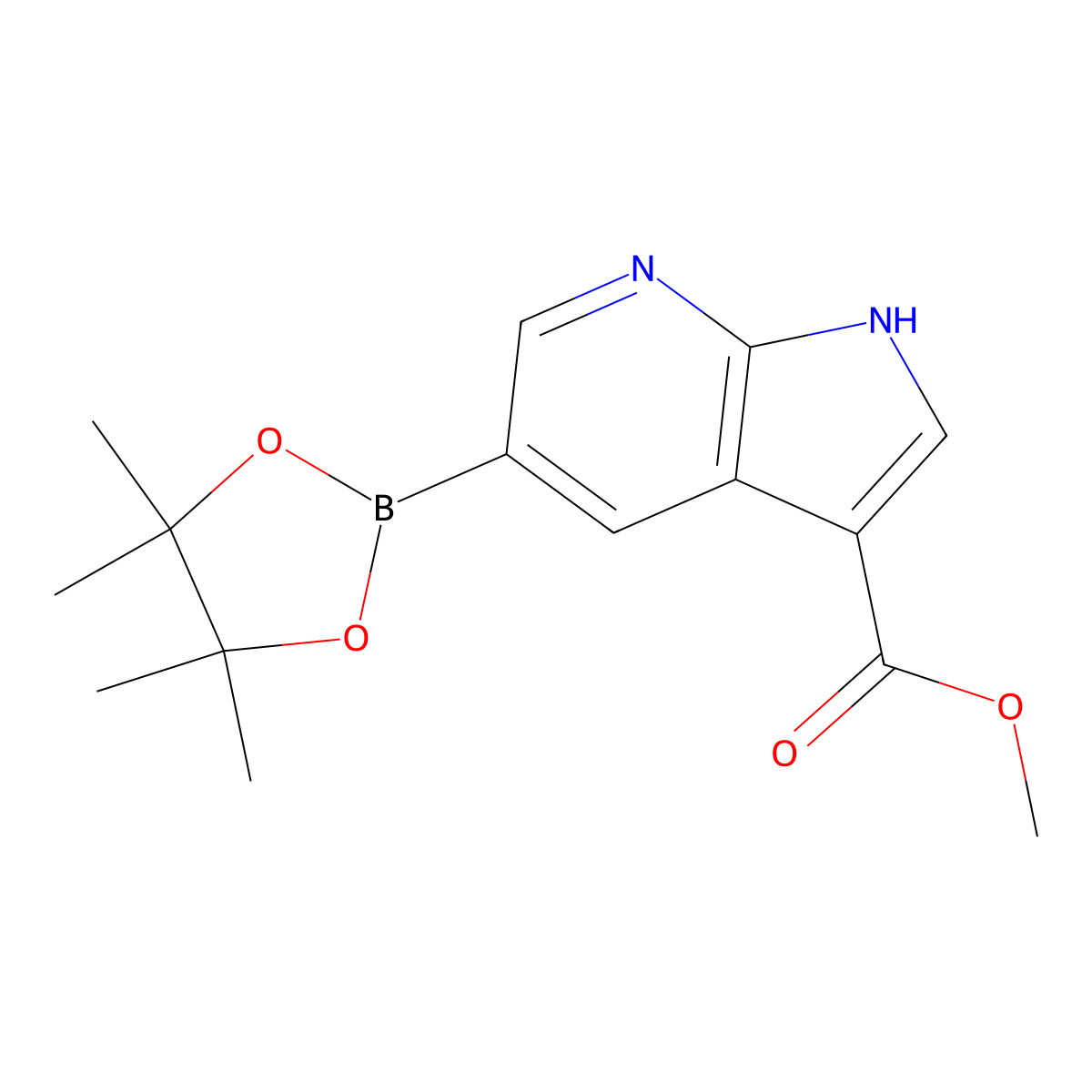 methyl 5-(tetramethyl-1,3,2-dioxaborolan-2-yl)-1H-pyrrolo[2,3-b]pyridine-3-carboxylate molecular structure, CAS 2495165-33-6