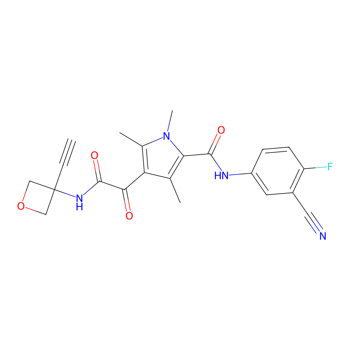 N-(3-cyano-4-fluorophenyl)-4-(2-((3-ethynyloxetan-3-yl)amino)-2-oxoacetyl)-1,3,5-trimethyl-1H-pyrrole-2-carboxamide molecular structure, CAS 2495324-66-6