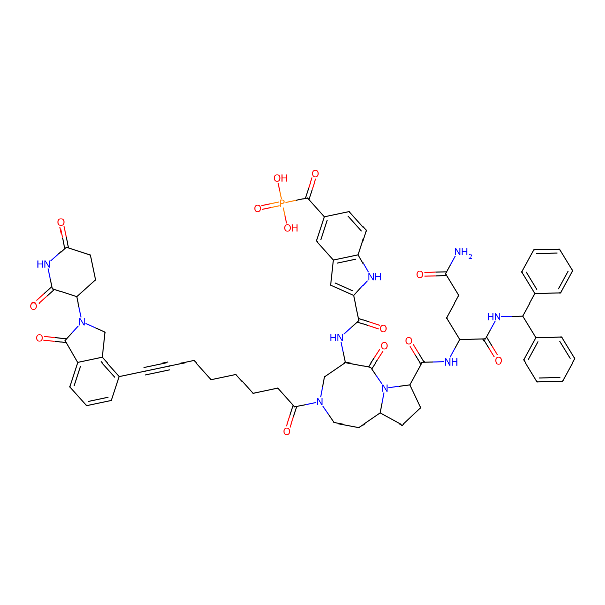 (2-(((5S,8S,10aR)-8-(((S)-5-Amino-1-(benzhydrylamino)-1,5-dioxopentan-2-yl)carbamoyl)-3-(8-(2-(2,6-dioxopiperidin-3-yl)-1-oxoisoindolin-4-yl)oct-7-ynoyl)-6-oxodecahydropyrrolo[1,2-a][1,5]diazocin-5-yl)carbamoyl)-1H-indole-5-carbonyl)phosphonic acid molecular structure, CAS 2497583-03-4