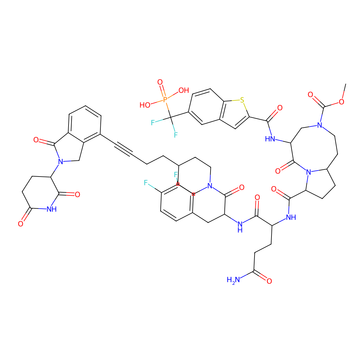 [[2-[[(5S,8S,10aR)-8-[[(2S)-5-amino-1-[[(2S)-3-(3,4-difluorophenyl)-1-[4-[4-[2-(2,6-dioxopiperidin-3-yl)-1-oxo-3H-isoindol-4-yl]but-3-ynyl]piperidin-1-yl]-1-oxopropan-2-yl]amino]-1,5-dioxopentan-2-yl]carbamoyl]-3-methoxycarbonyl-6-oxo-1,2,4,5,8,9,10,10a-octahydropyrrolo[1,2-a][1,5]diazocin-5-yl]carbamoyl]-1-benzothiophen-5-yl]-difluoromethyl]phosphonic acid molecular structure, CAS 2497585-50-7