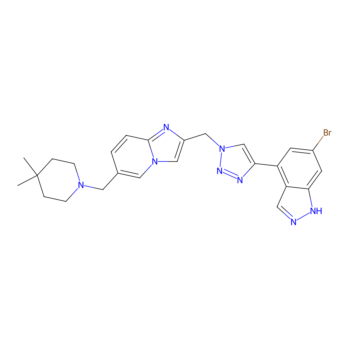 6-Bromo-4-(1-((6-((4,4-dimethylpiperidin-1-yl)methyl)imidazo[1,2-a]pyridin-2-yl)methyl)-1H-1,2,3-triazol-4-yl)-1H-indazole molecular structure, CAS 2499664-52-5