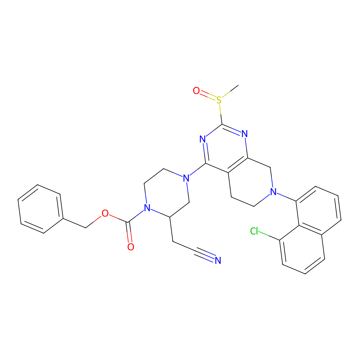 Benzyl (2S)-4-(7-(8-chloronaphthalen-1-yl)-2-(methylsulfinyl)-5,6,7,8-tetrahydropyrido[3,4-d]pyrimidin-4-yl)-2-(cyanomethyl)piperazine-1-carboxylate molecular structure, CAS 2502155-77-1