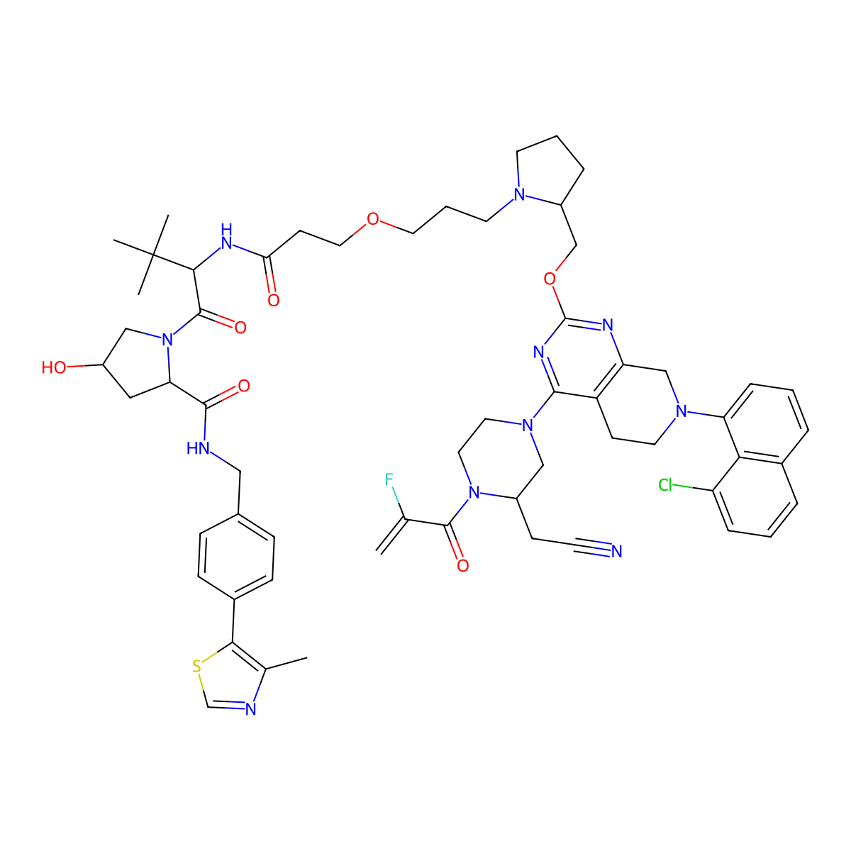 (2S,4R)-1-((S)-2-(3-(3-((S)-2-(((7-(8-Chloronaphthalen-1-yl)-4-((S)-3-(cyanomethyl)-4-(2-fluoroacryloyl)piperazin-1-yl)-5,6,7,8-tetrahydropyrido[3,4-d]pyrimidin-2-yl)oxy)methyl)pyrrolidin-1-yl)propoxy)propanamido)-3,3-dimethylbutanoyl)-4-hydroxy-N-(4-(4-methylthiazol-5-yl)benzyl)pyrrolidine-2-carboxamide molecular structure, CAS 2502156-03-6