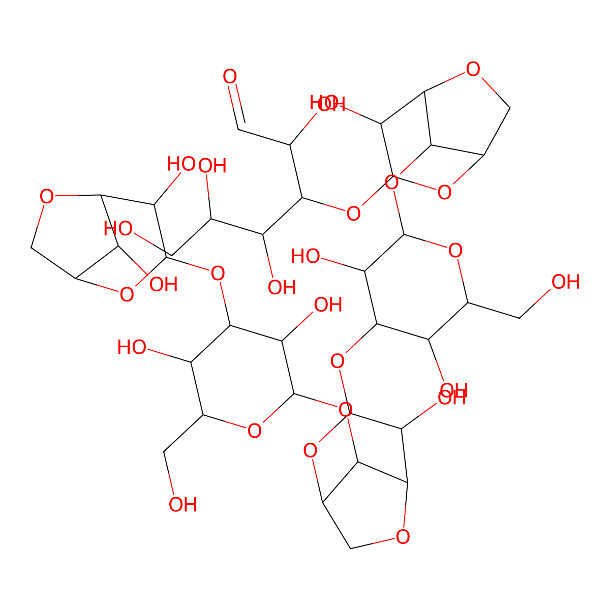 3-[[8-[4-[[8-[4-[(4,8-Dihydroxy-2,6-dioxabicyclo[3.2.1]octan-3-yl)oxy]-3,5-dihydroxy-6-(hydroxymethyl)oxan-2-yl]oxy-4-hydroxy-2,6-dioxabicyclo[3.2.1]octan-3-yl]oxy]-3,5-dihydroxy-6-(hydroxymethyl)oxan-2-yl]oxy-4-hydroxy-2,6-dioxabicyclo[3.2.1]octan-3-yl]oxy]-2,4,5,6-tetrahydroxyhexanal molecular structure, CAS 25023-93-2