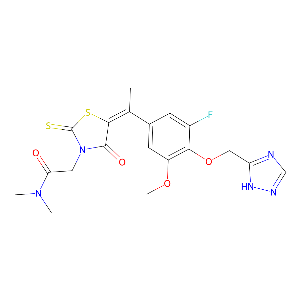 2-[(5Z)-5-[1-[3-fluoro-5-methoxy-4-(1H-1,2,4-triazol-5-ylmethoxy)phenyl]ethylidene]-4-oxo-2-sulfanylidene-1,3-thiazolidin-3-yl]-N,N-dimethylacetamide molecular structure, CAS 2503017-11-4