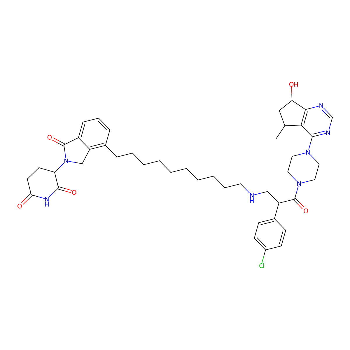 3-(4-(10-(((S)-2-(4-Chlorophenyl)-3-(4-((5R,7R)-7-hydroxy-5-methyl-6,7-dihydro-5H-cyclopenta[d]pyrimidin-4-yl)piperazin-1-yl)-3-oxopropyl)amino)decyl)-1-oxoisoindolin-2-yl)piperidine-2,6-dione molecular structure, CAS 2503017-97-6