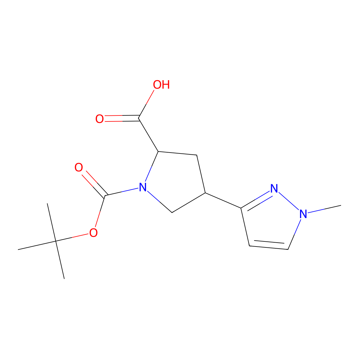 (2S)-1-[(2-Methylpropan-2-yl)oxycarbonyl]-4-(1-methylpyrazol-3-yl)pyrrolidine-2-carboxylic acid molecular structure, CAS 2503172-79-8