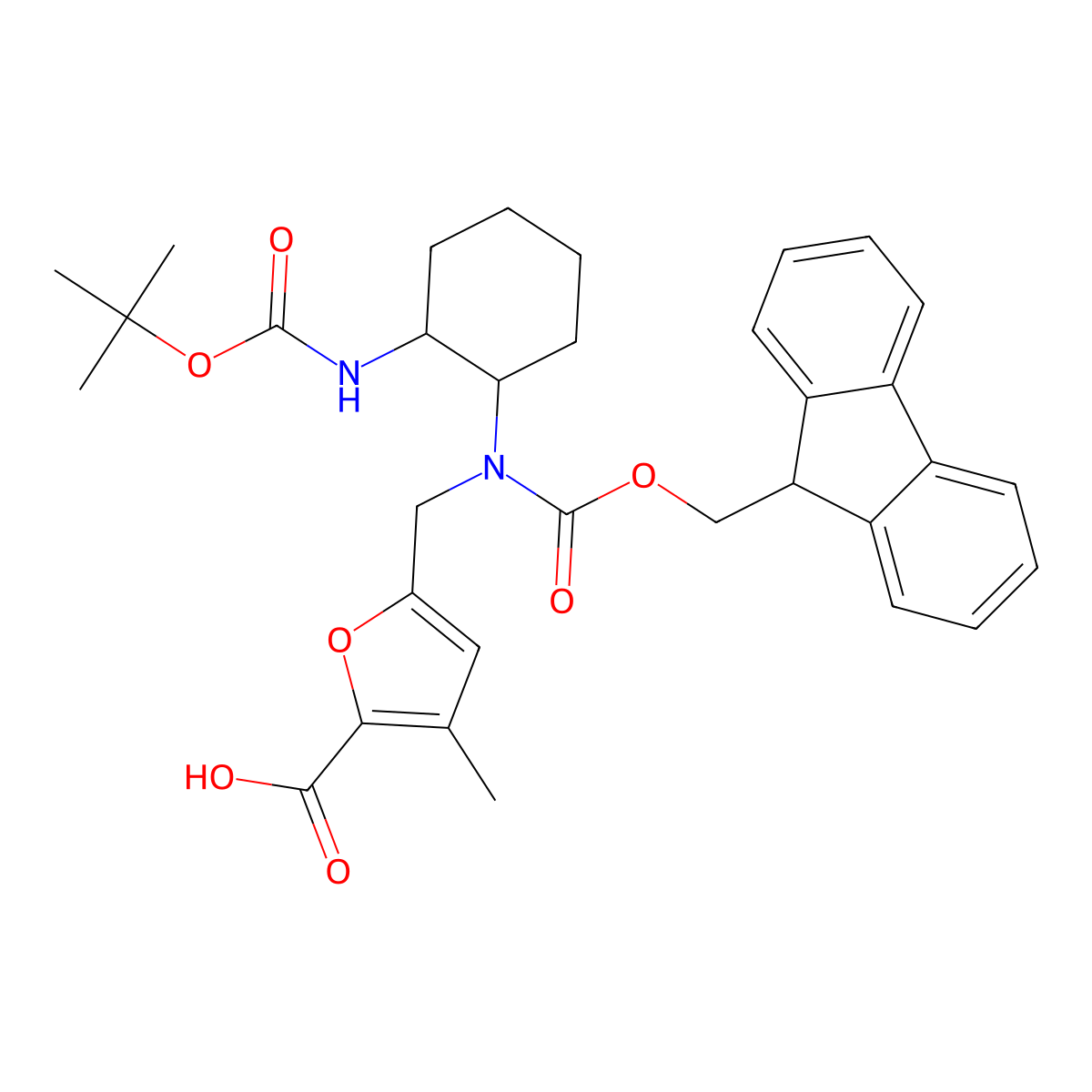 5-{[(2-{[(tert-butoxy)carbonyl]amino}cyclohexyl)({[(9H-fluoren-9-yl)methoxy]carbonyl})amino]methyl}-3-methylfuran-2-carboxylic acid molecular structure, CAS 2503201-81-6