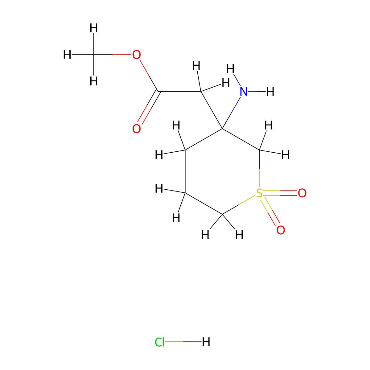 Methyl 2-(3-amino-1,1-dioxo-1lambda6-thian-3-yl)acetate hydrochloride molecular structure, CAS 2503202-16-0