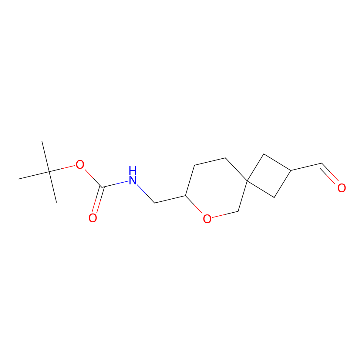 tert-butyl N-((2-formyl-6-oxaspiro(3.5)nonan-7-yl)methyl)carbamate molecular structure, CAS 2503202-43-3