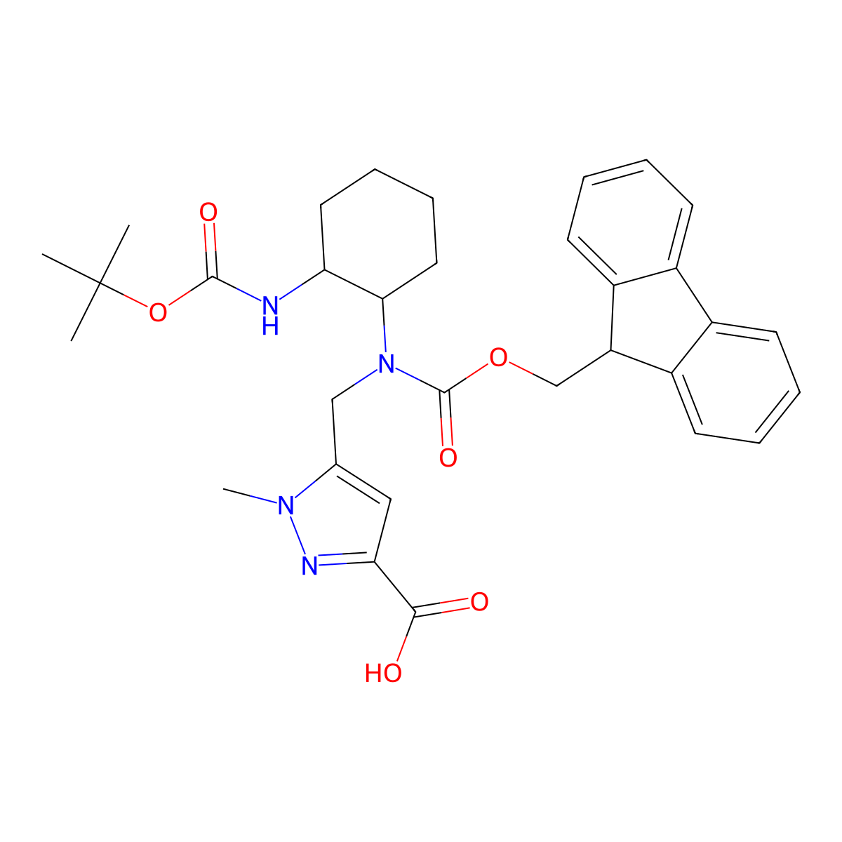 5-{[(2-{[(tert-butoxy)carbonyl]amino}cyclohexyl)({[(9H-fluoren-9-yl)methoxy]carbonyl})amino]methyl}-1-methyl-1H-pyrazole-3-carboxylic acid molecular structure, CAS 2503203-18-5