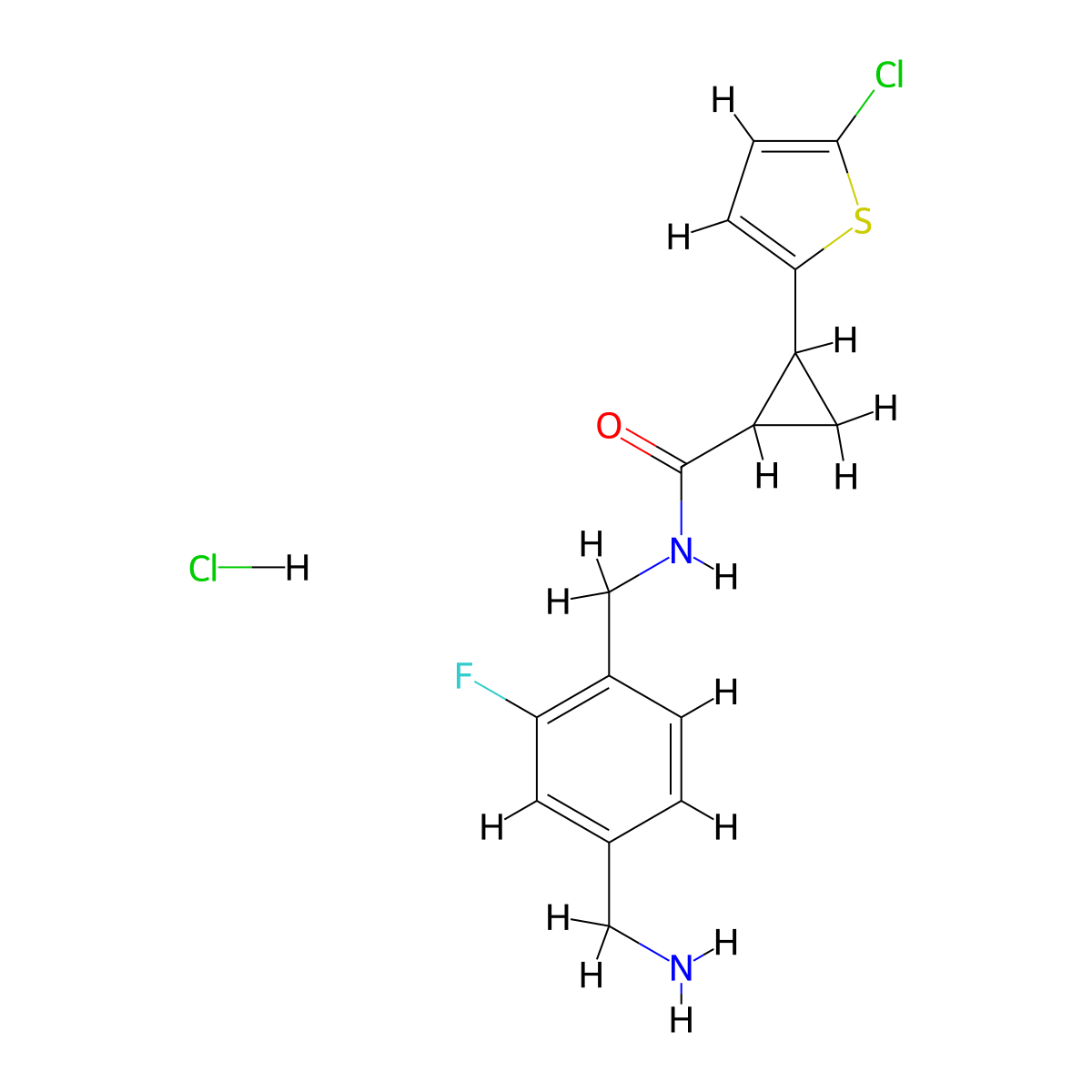 N-{[4-(aminomethyl)-2-fluorophenyl]methyl}-2-(5-chlorothiophen-2-yl)cyclopropane-1-carboxamide hydrochloride molecular structure, CAS 2503203-39-0