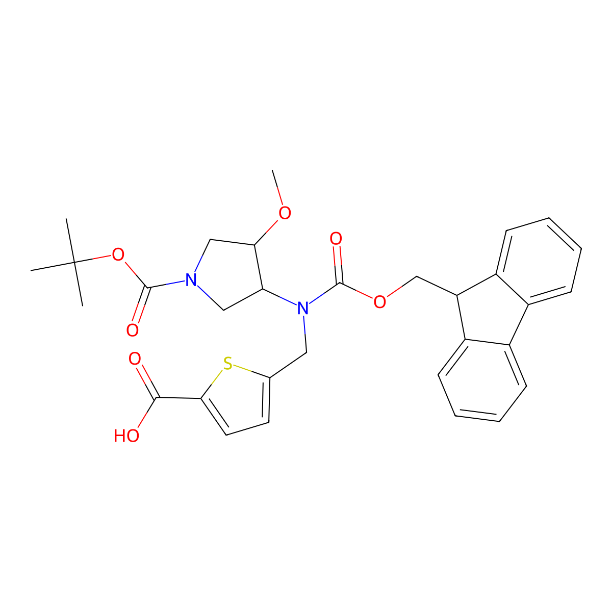 5-[({1-[(tert-butoxy)carbonyl]-4-methoxypyrrolidin-3-yl}({[(9H-fluoren-9-yl)methoxy]carbonyl})amino)methyl]thiophene-2-carboxylic acid molecular structure, CAS 2503205-89-6