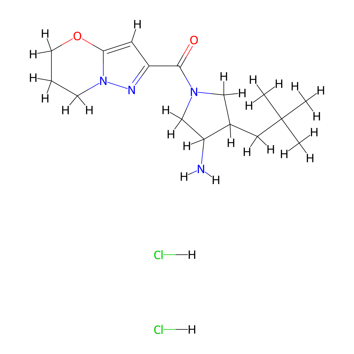 4-(2,2-dimethylpropyl)-1-{5H,6H,7H-pyrazolo[3,2-b][1,3]oxazine-2-carbonyl}pyrrolidin-3-amine dihydrochloride molecular structure, CAS 2503207-32-5