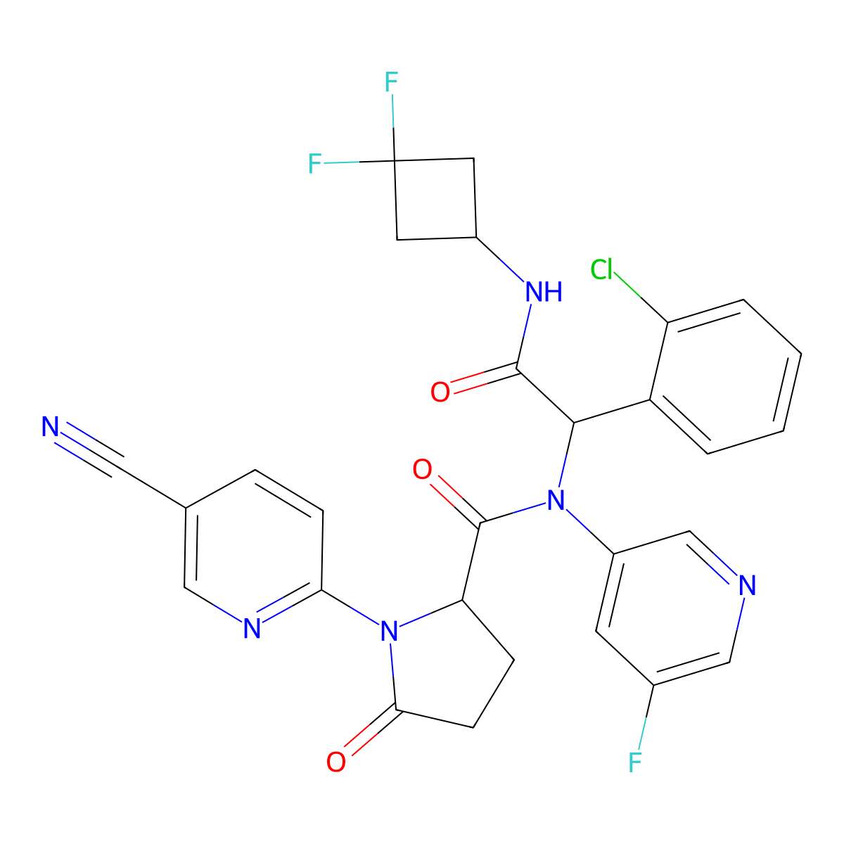 (2S)-N-[(1R)-1-(2-chlorophenyl)-2-[(3,3-difluorocyclobutyl)amino]-2-oxoethyl]-1-(5-cyano-2-pyridinyl)-N-(5-fluoro-3-pyridinyl)-5-oxopyrrolidine-2-carboxamide molecular structure, CAS 2504147-85-5