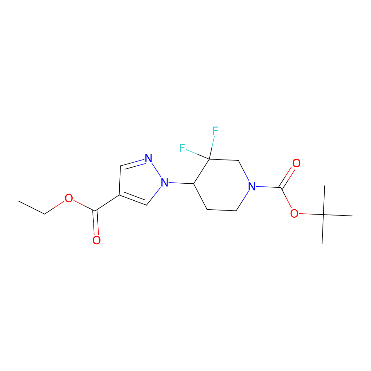 tert-butyl 4-(4-(ethoxycarbonyl)-1H-pyrazol-1-yl)-3,3-difluoropiperidine-1-carboxylate molecular structure, CAS 2504238-74-6