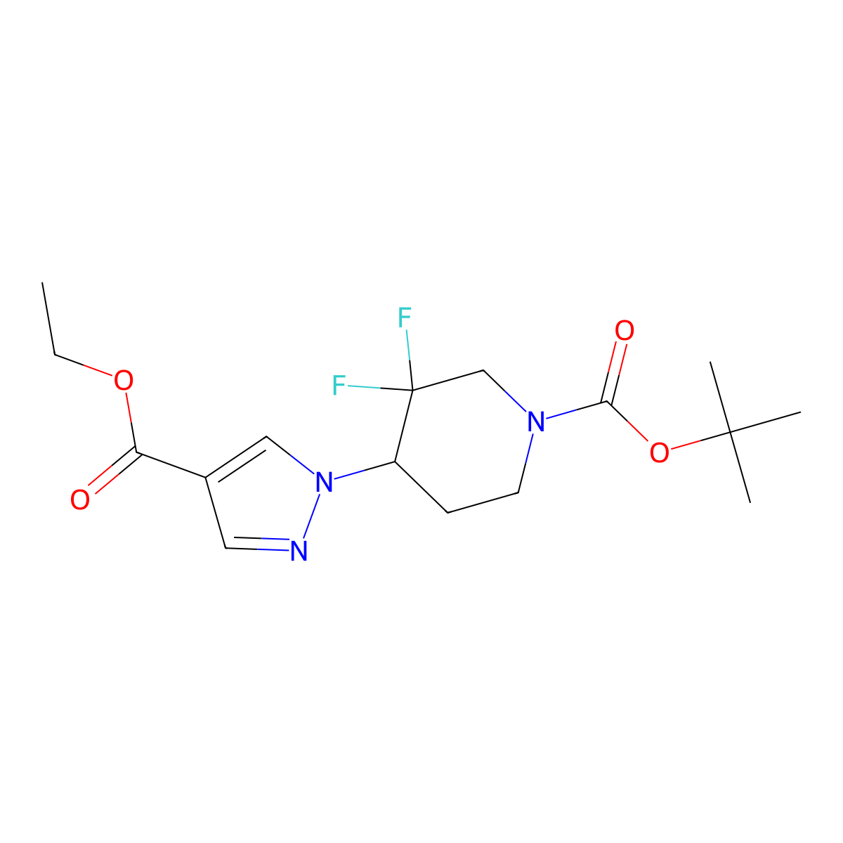 tert-butyl 4-(4-(ethoxycarbonyl)-1H-pyrazol-1-yl)-3,3-difluoropiperidine-1-carboxylate molecular structure, CAS 2504238-74-6