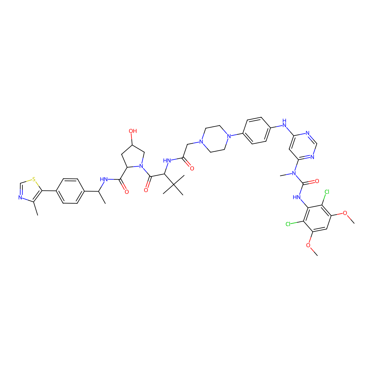 (2S,4R)-1-((S)-2-(2-(4-(4-((6-(3-(2,6-Dichloro-3,5-dimethoxyphenyl)-1-methylureido)pyrimidin-4-yl)amino)phenyl)piperazin-1-yl)acetamido)-3,3-dimethylbutanoyl)-4-hydroxy-N-((S)-1-(4-(4-methylthiazol-5-yl)phenyl)ethyl)pyrrolidine-2-carboxamide molecular structure, CAS 2504949-52-2
