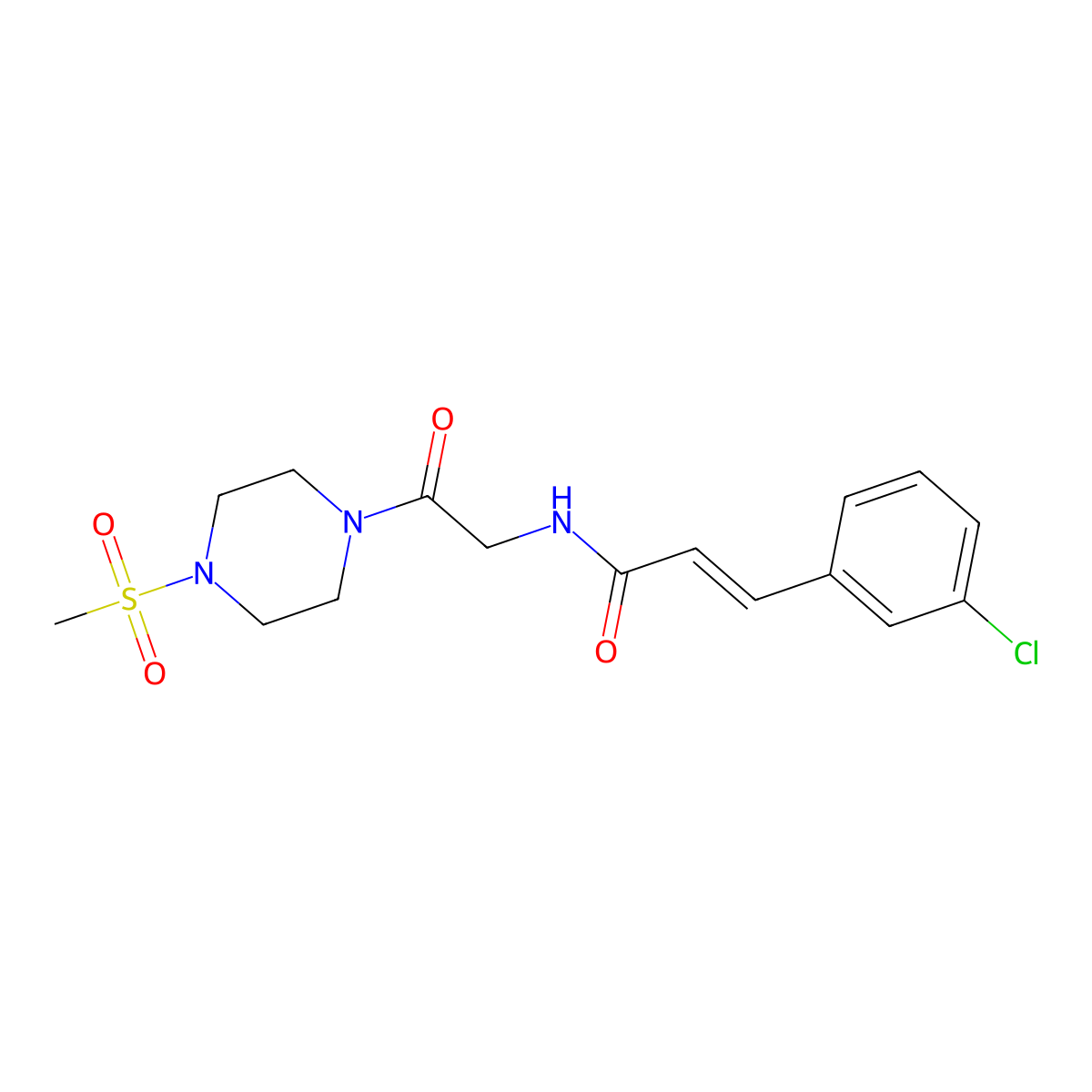 (E)-3-(3-chlorophenyl)-N-(2-(4-(methylsulfonyl)piperazin-1-yl)-2-oxoethyl)acrylamide molecular structure, CAS 2505001-54-5