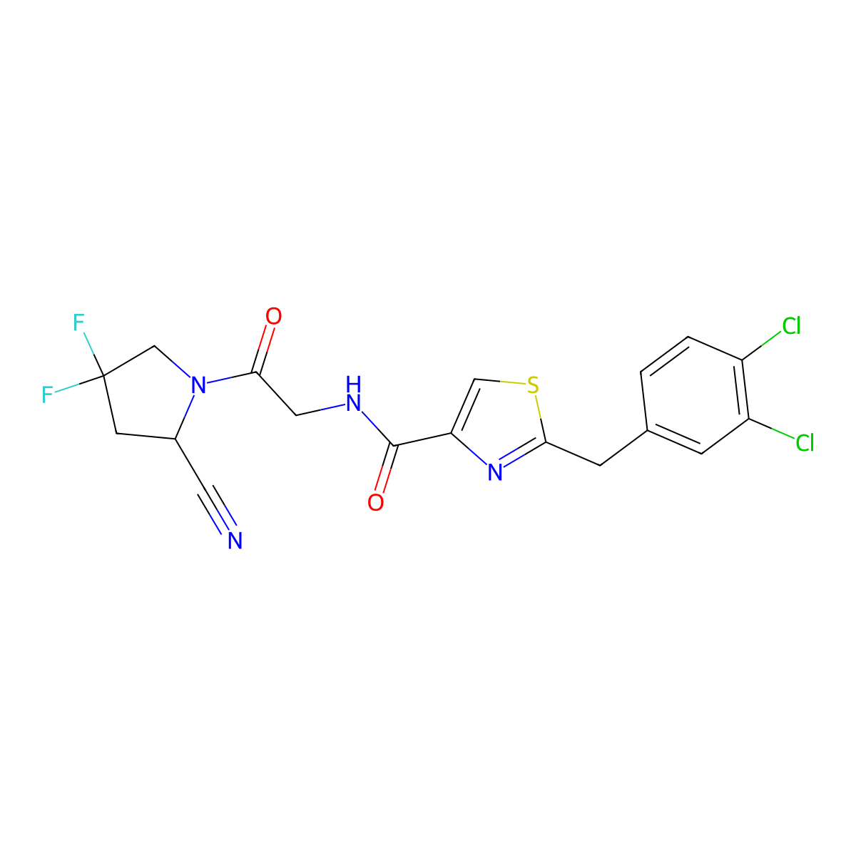 (S)-N-[2-(2-Cyano-4,4-difluoropyrrolidin-1-yl)-2-oxoethyl]-2-(3,4-dichlorobenzyl)thiazole-4-carboxamide molecular structure, CAS 2505339-54-6