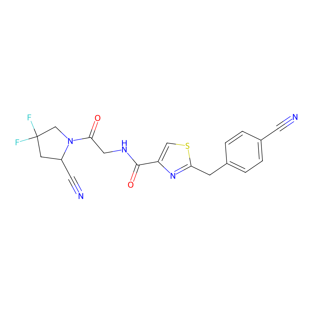 (S)-N-(2-(2-cyano-4,4-difluoropyrrolidin-1-yl)-2-oxoethyl)-2-(4-cyanobenzyl)thiazole-4-carboxamide molecular structure, CAS 2505339-87-5
