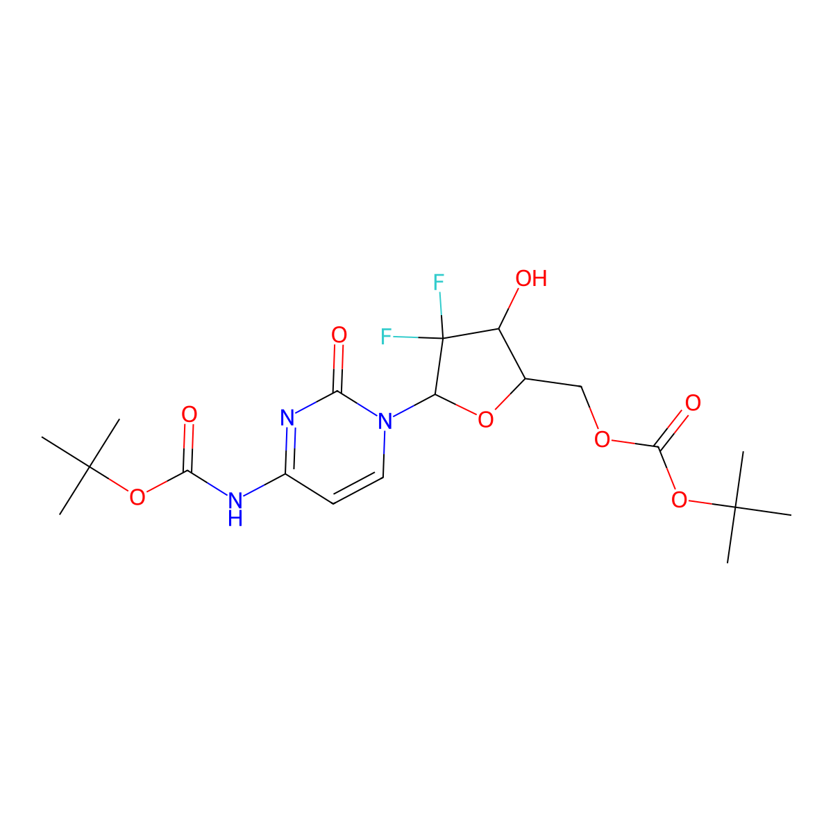 Tert-butyl (1-((2R,4R,5R)-5-(((tert-butoxycarbonyl)oxy)methyl)-3,3-difluoro-4-hydroxytetrahydrofuran-2-YL)-2-oxo-1,2-dihydropyrimidin-4-YL)carbamate molecular structure, CAS 250698-54-5