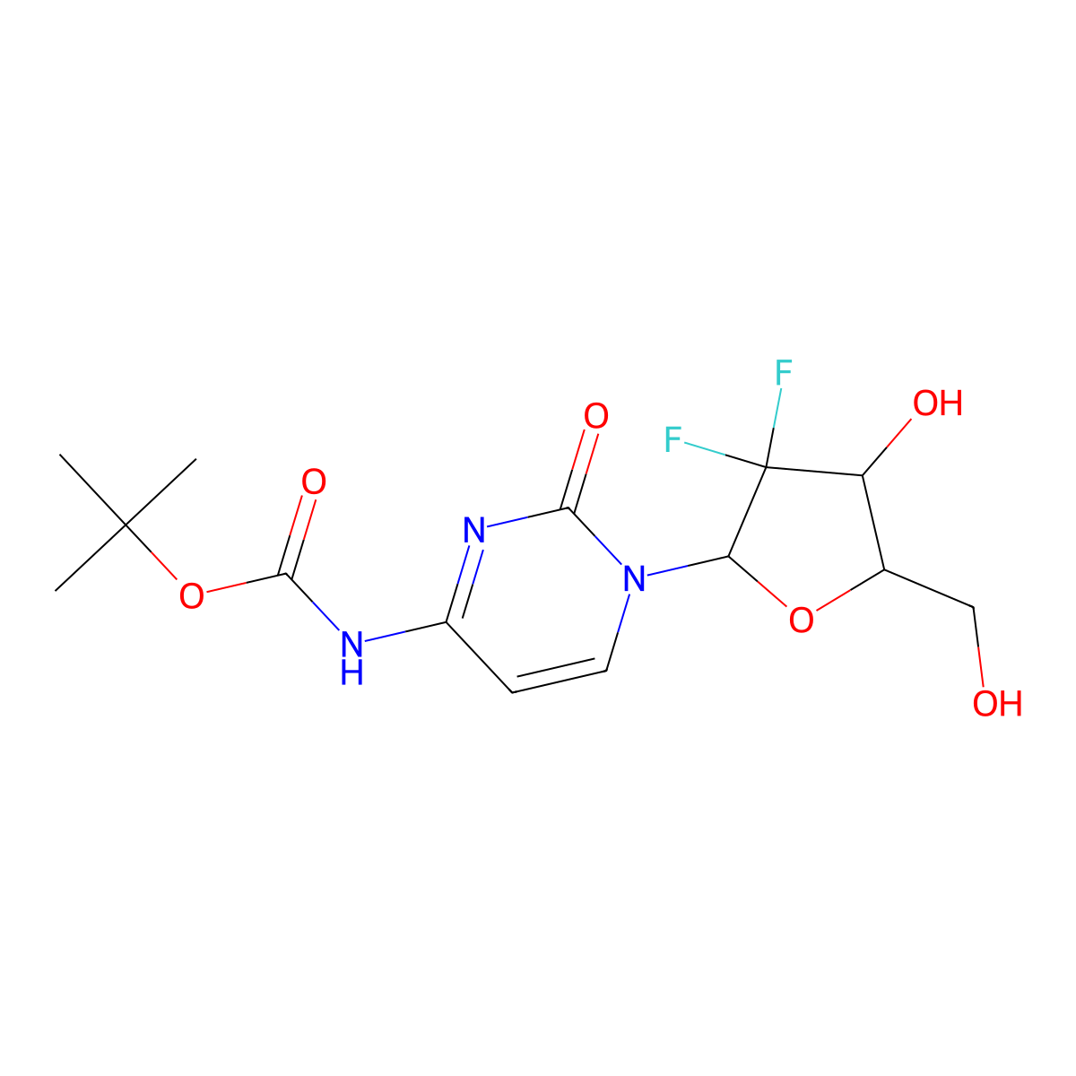 tert-butyl N-{1-[(2R,4R,5R)-3,3-difluoro-4-hydroxy-5-(hydroxymethyl)oxolan-2-yl]-2-oxo-1,2-dihydropyrimidin-4-yl}carbamate molecular structure, CAS 250698-55-6