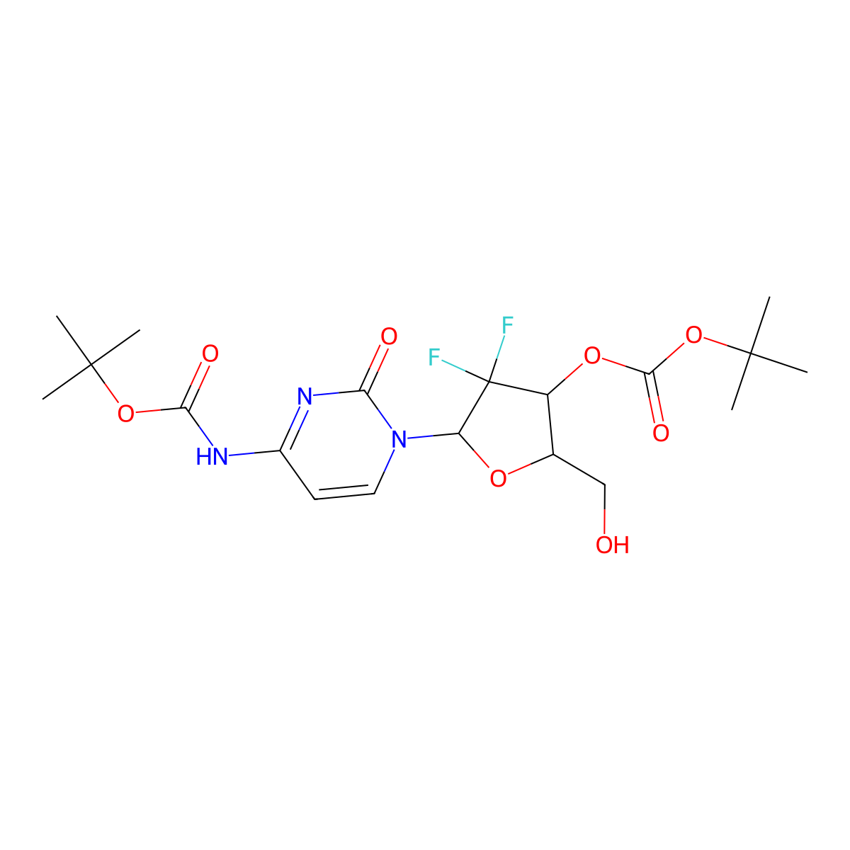 tert-Butyl (1-((2R,4R,5R)-4-((tert-butoxycarbonyl)oxy)-3,3-difluoro-5-(hydroxymethyl)tetrahydrofuran-2-yl)-2-oxo-1,2-dihydropyrimidin-4-yl)carbamate molecular structure, CAS 250698-56-7