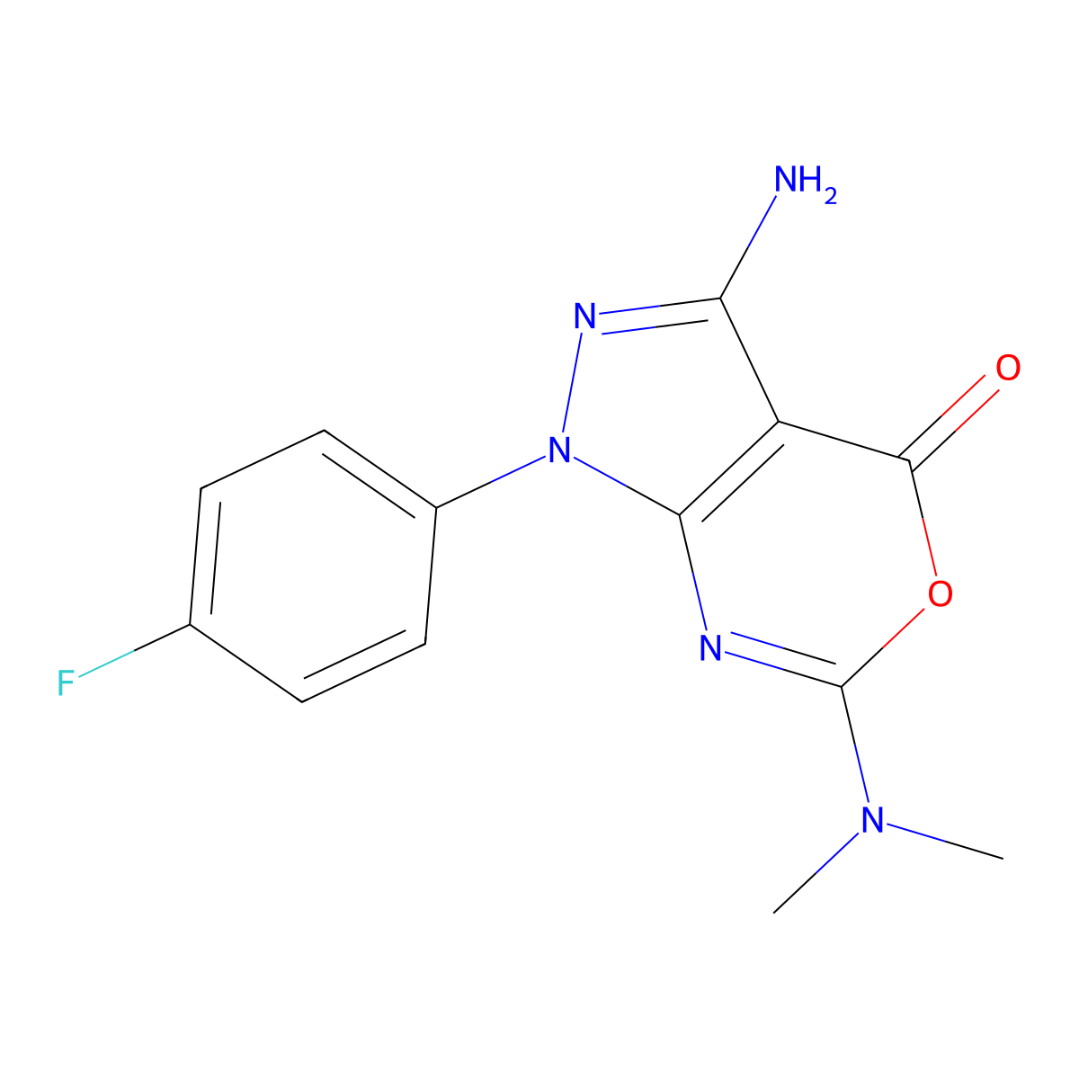 3-amino-6-(dimethylamino)-1-(4-fluorophenyl)pyrazolo[3,4-d][1,3]oxazin-4(1H)-one molecular structure, CAS 250713-82-7