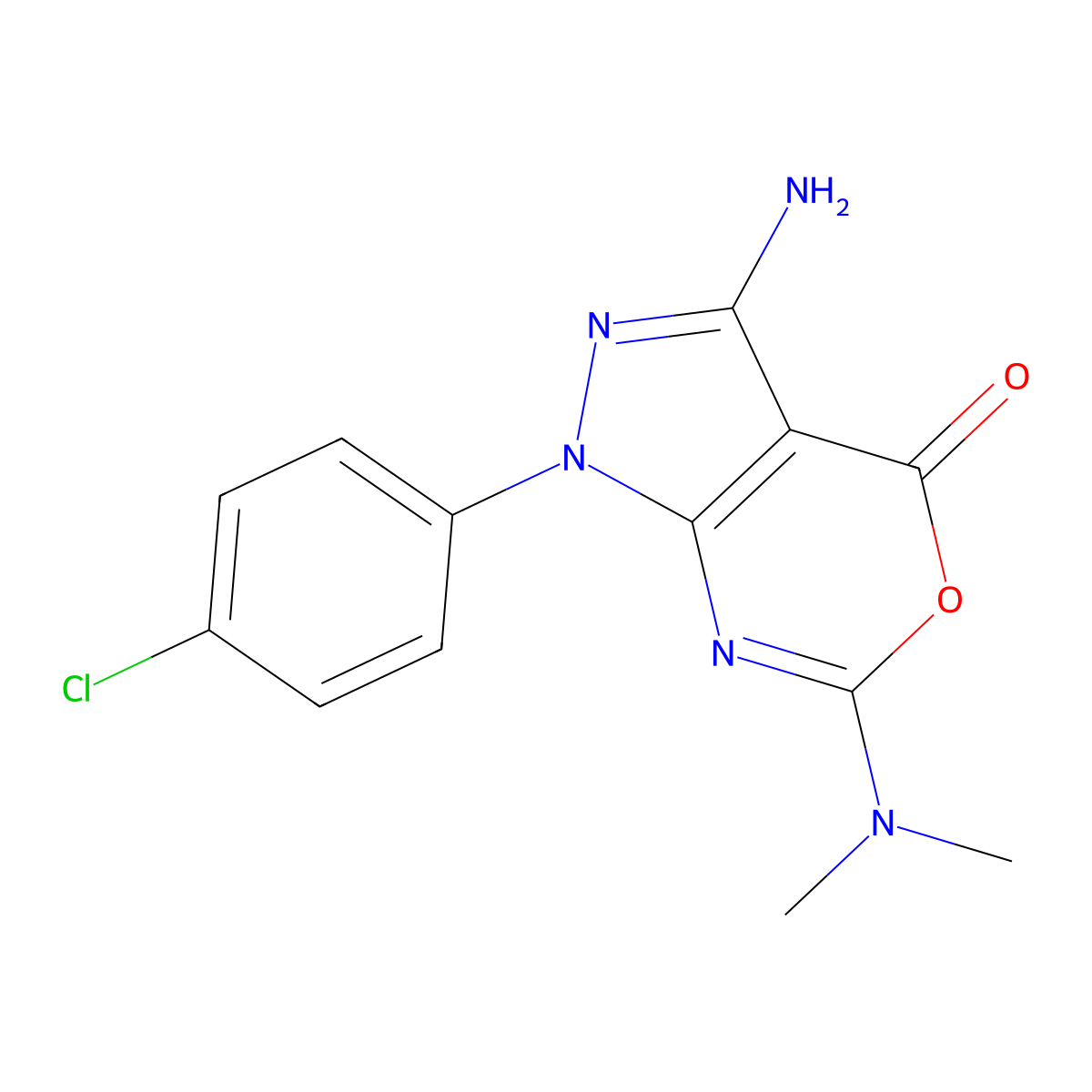 3-amino-1-(4-chlorophenyl)-6-(dimethylamino)pyrazolo[3,4-d][1,3]oxazin-4(1H)-one molecular structure, CAS 250713-83-8